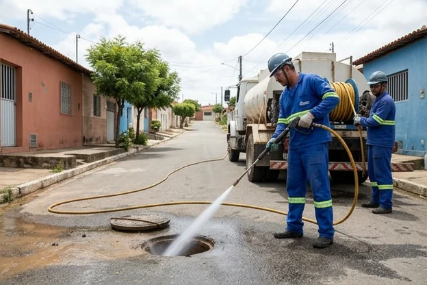 Profissionais aplicando hidrojateamento em desentupimentos.