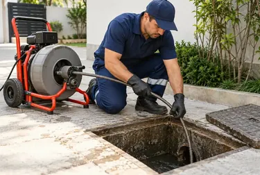 Profissionais desentupindo esgoto com equipamento especializado.