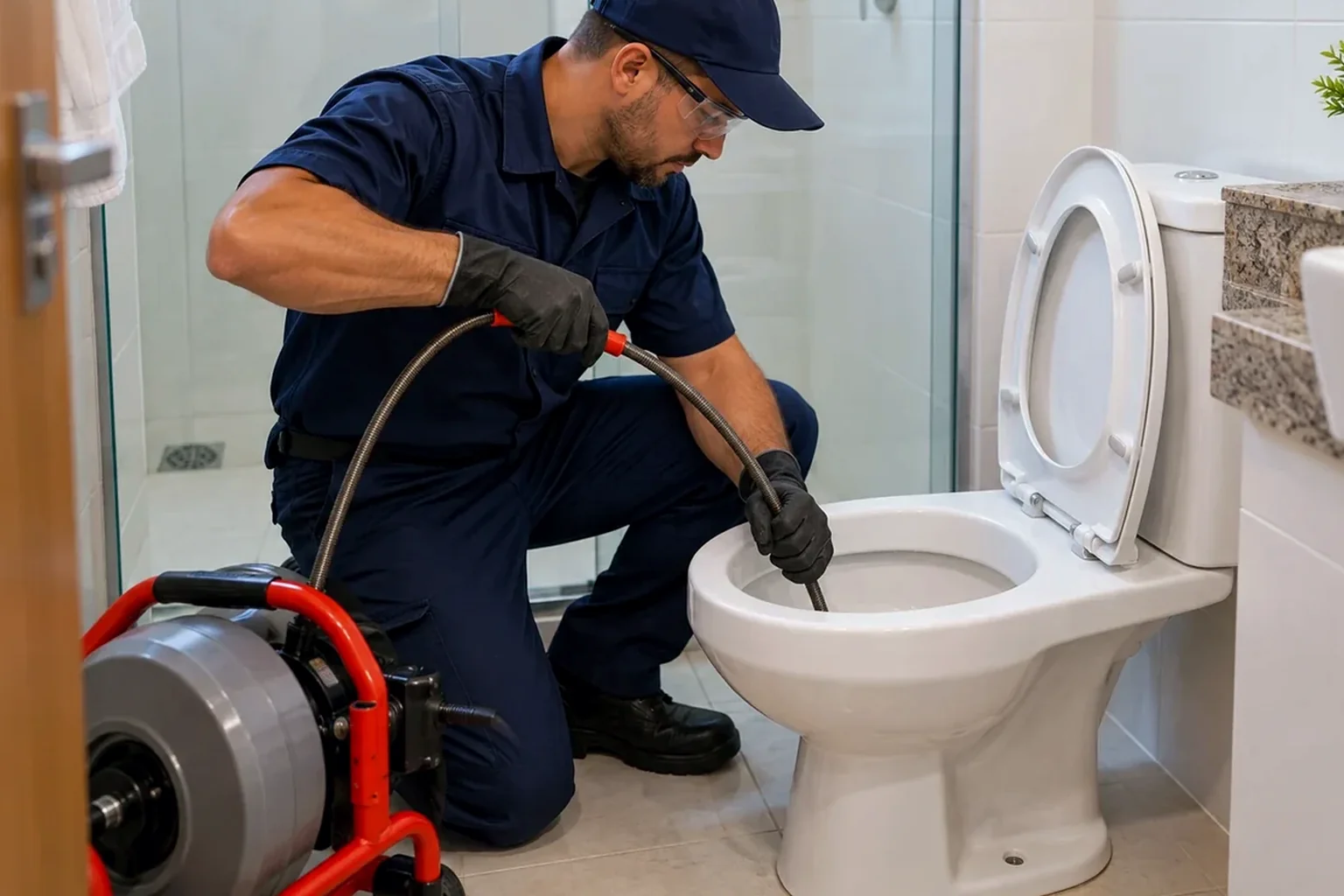 Profissionais realizando desentupimento de vaso sanitário com ferramentas específicas.