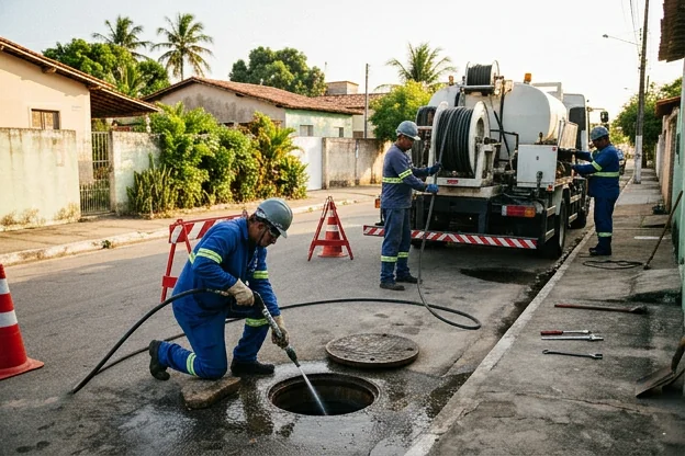 Profissionais realizando manutenção preventiva em rede de esgoto.